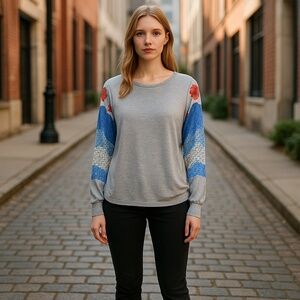 Tiny by Anthropologie Jersey Knit Chiffon Floral Ballon Sheer Sleeves Top Size S